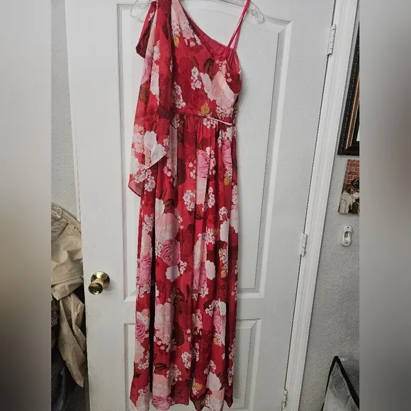 NWT Adrianna Papell Floral One Shoulder Chiffon Maxi Dress Sz 0