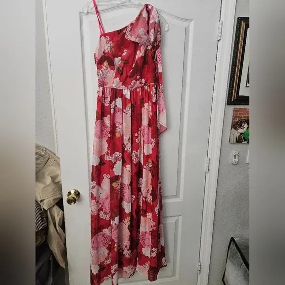 NWT Adrianna Papell Floral One Shoulder Chiffon Maxi Dress Sz 0