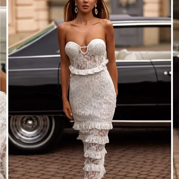 NWT Alamour The Label white sequin embellished lace fabric midi ruffle dress