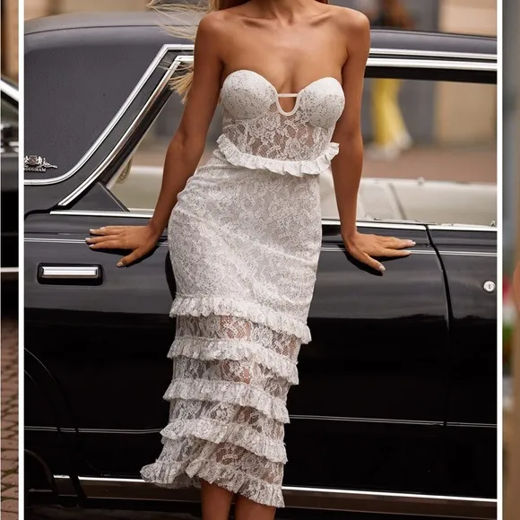 NWT Alamour The Label white sequin embellished lace fabric midi ruffle dress