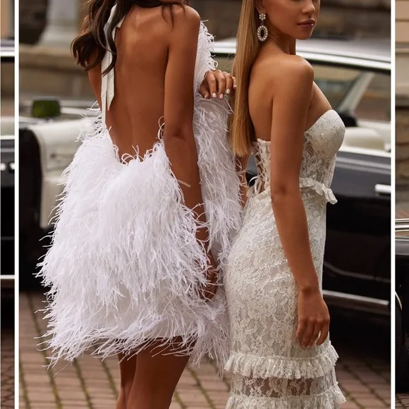 NWT Alamour The Label white sequin embellished lace fabric midi ruffle dress