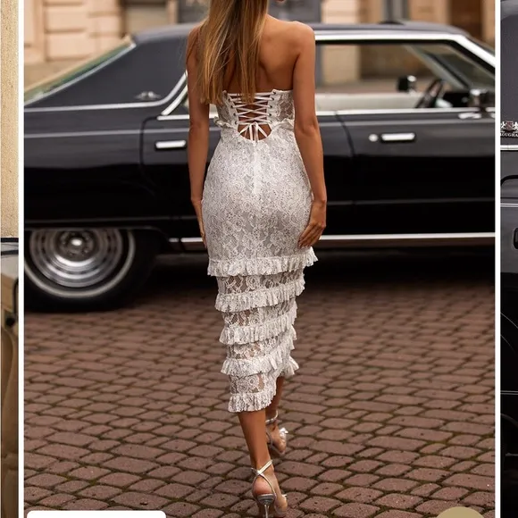 NWT Alamour The Label white sequin embellished lace fabric midi ruffle dress