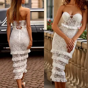 NWT Alamour The Label white sequin embellished lace fabric midi ruffle dress