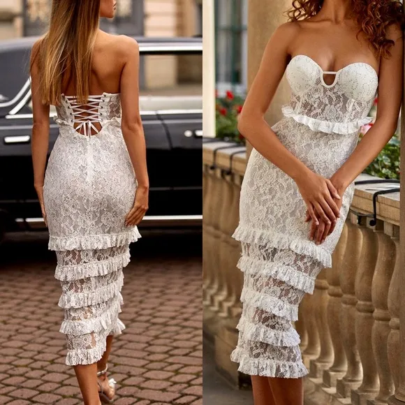 NWT Alamour The Label white sequin embellished lace fabric midi ruffle dress