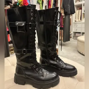 NWT. ALDO Black Patent Leather military style Boots, knee high, lace up, size 7