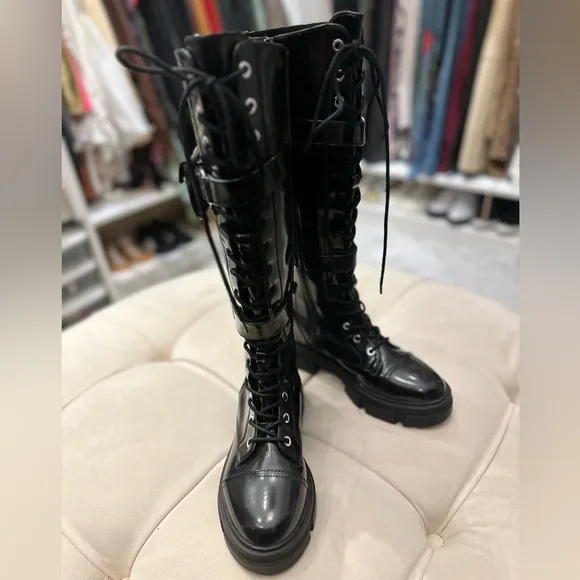 NWT. ALDO Black Patent Leather military style Boots, knee high, lace up, size 7