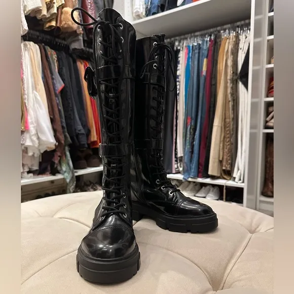 NWT. ALDO Black Patent Leather military style Boots, knee high, lace up, size 7