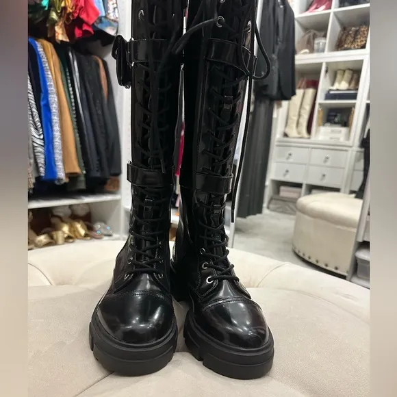 NWT. ALDO Black Patent Leather military style Boots, knee high, lace up, size 7