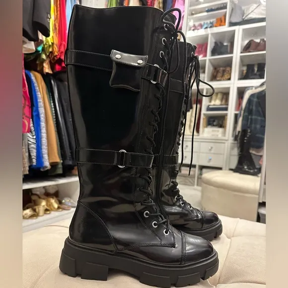 NWT. ALDO Black Patent Leather military style Boots, knee high, lace up, size 7