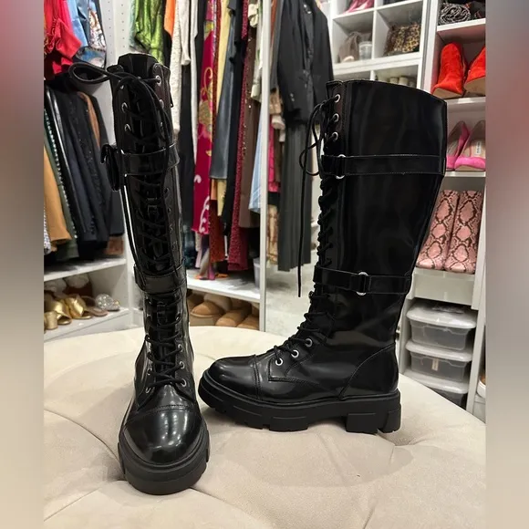 NWT. ALDO Black Patent Leather military style Boots, knee high, lace up, size 7