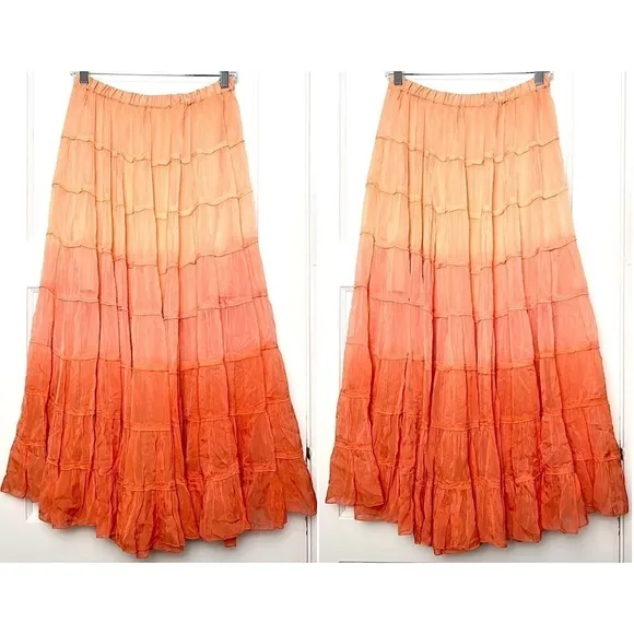 NWT ALLSAINTS Sunset Ombré Colorblock Striped Crepe Tiered Ruffle Midi Skirt 6