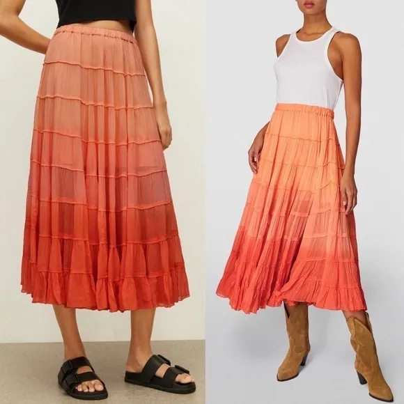 NWT ALLSAINTS Sunset Ombré Colorblock Striped Crepe Tiered Ruffle Midi Skirt 6
