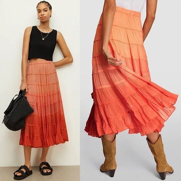 NWT ALLSAINTS Sunset Ombré Colorblock Striped Crepe Tiered Ruffle Midi Skirt 6