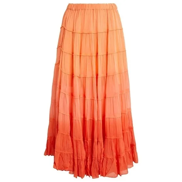 NWT ALLSAINTS Sunset Ombré Colorblock Striped Crepe Tiered Ruffle Midi Skirt 6
