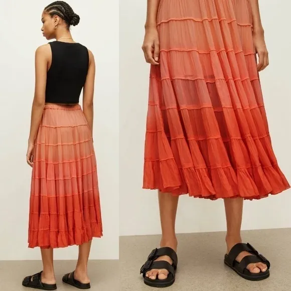 NWT ALLSAINTS Sunset Ombré Colorblock Striped Crepe Tiered Ruffle Midi Skirt 6