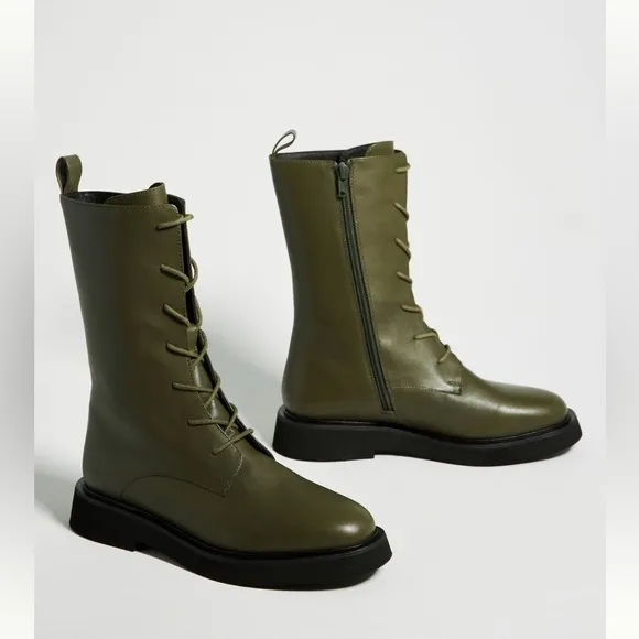 NWT Anthropologie Green Lace Up Leather Stompy Boots Size 7