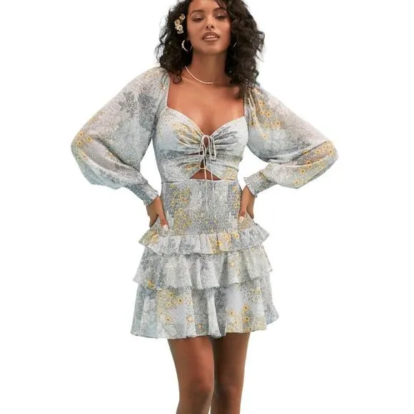 NWT ASTR Marietta Cut Out Floral Print Smocked Tiered Ruffle Mini Dress