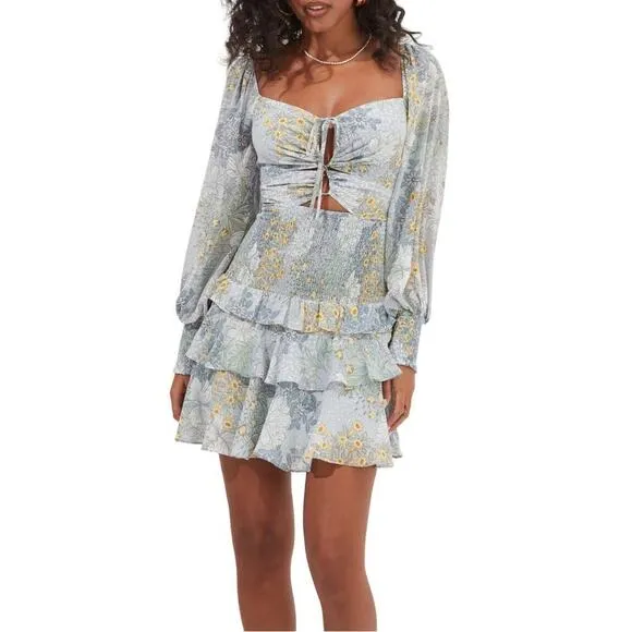 NWT ASTR Marietta Cut Out Floral Print Smocked Tiered Ruffle Mini Dress