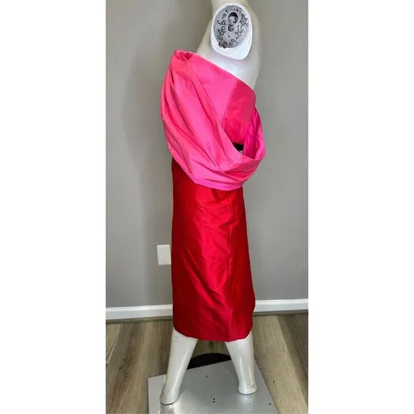 NWT Badgley Mischka Off-The-Shoulder Two-Tone Pencil Dress Red Fuchsia Size 6 $5