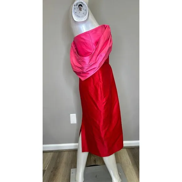 NWT Badgley Mischka Off-The-Shoulder Two-Tone Pencil Dress Red Fuchsia Size 6 $5