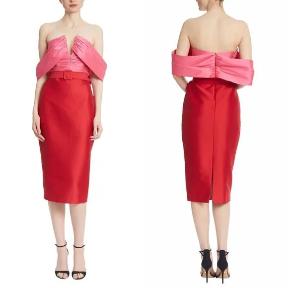 NWT Badgley Mischka Off-The-Shoulder Two-Tone Pencil Dress Red Fuchsia Size 6 $5