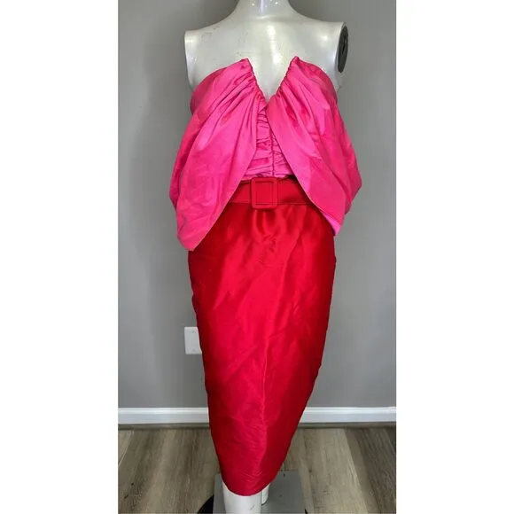 NWT Badgley Mischka Off-The-Shoulder Two-Tone Pencil Dress Red Fuchsia Size 6 $5