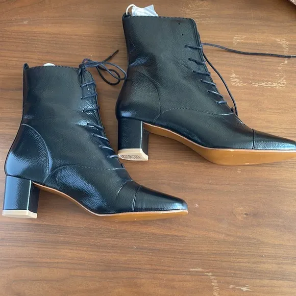 NWT By Far ‘Lada’ black tie-up bootie, size 38 (approx size 8), lambskin/leather