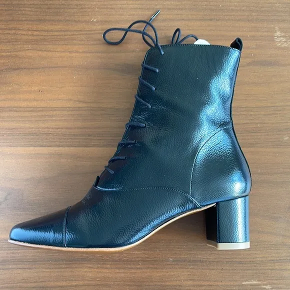 NWT By Far ‘Lada’ black tie-up bootie, size 38 (approx size 8), lambskin/leather