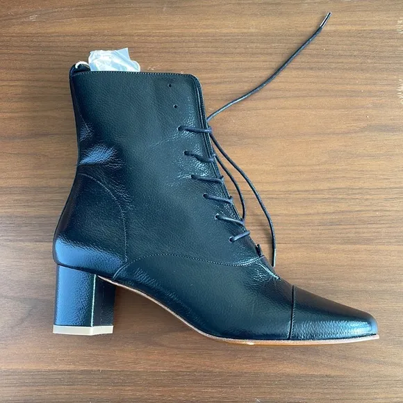 NWT By Far ‘Lada’ black tie-up bootie, size 38 (approx size 8), lambskin/leather