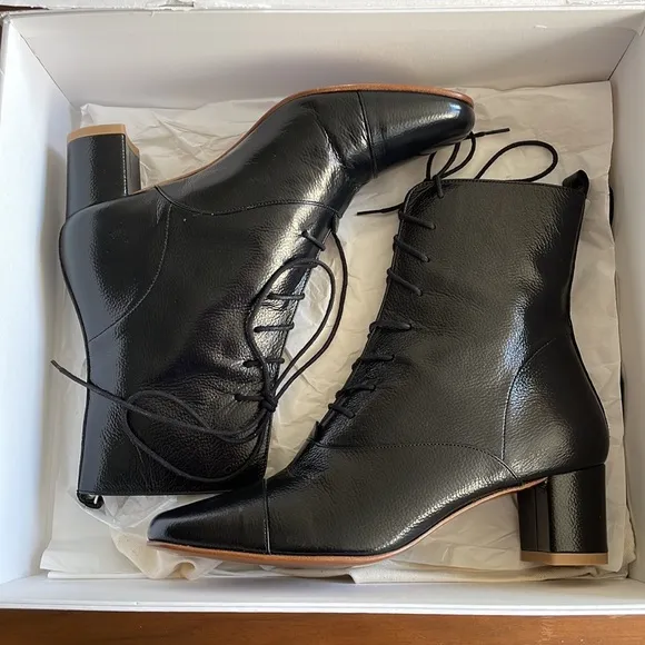 NWT By Far ‘Lada’ black tie-up bootie, size 38 (approx size 8), lambskin/leather