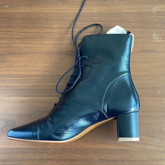NWT By Far ‘Lada’ black tie-up bootie, size 38 (approx size 8), lambskin/leather