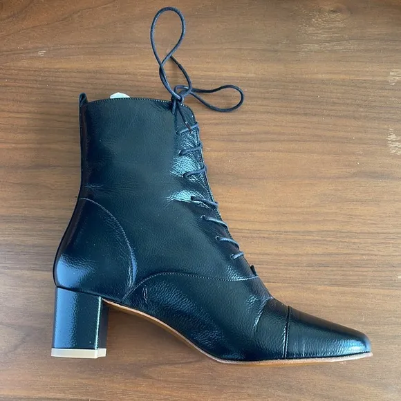 NWT By Far ‘Lada’ black tie-up bootie, size 38 (approx size 8), lambskin/leather