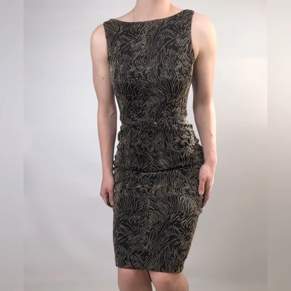 NWT Cache Luxe Textured Sheath Mini Dress Gold Black Size 6