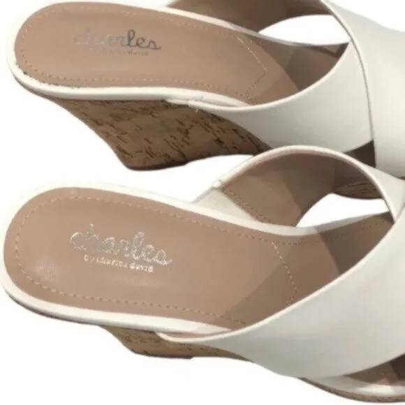NWT Charles David White Leather Wedge Slide Business Casual Dressy Sandals 9.5M