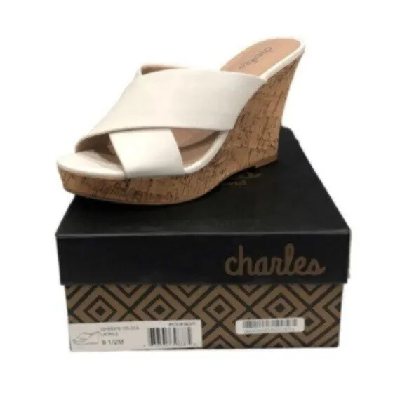 NWT Charles David White Leather Wedge Slide Business Casual Dressy Sandals 9.5M