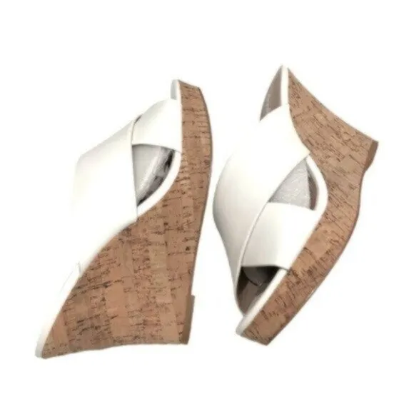 NWT Charles David White Leather Wedge Slide Business Casual Dressy Sandals 9.5M