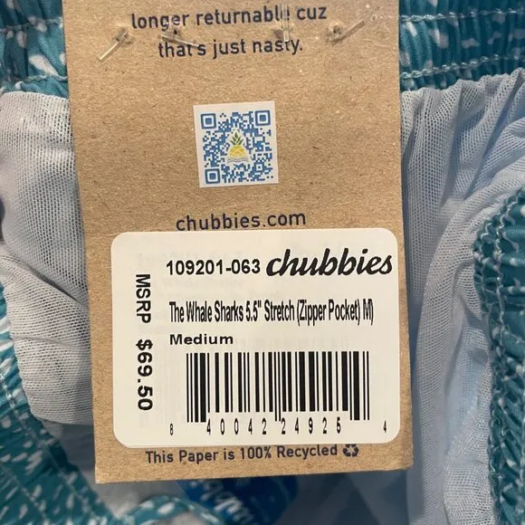 NWT Chubbies Men's M The Whale Sharks 5.5&quot; Classic Swim Trunk Blue Stripe Spots