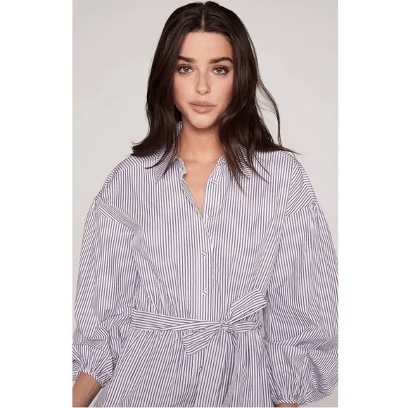 NWT CINQ A SEPT Shirt Dress Puff Long Sleeve Tie Waist Pin Stripe Ruffle Hem 10