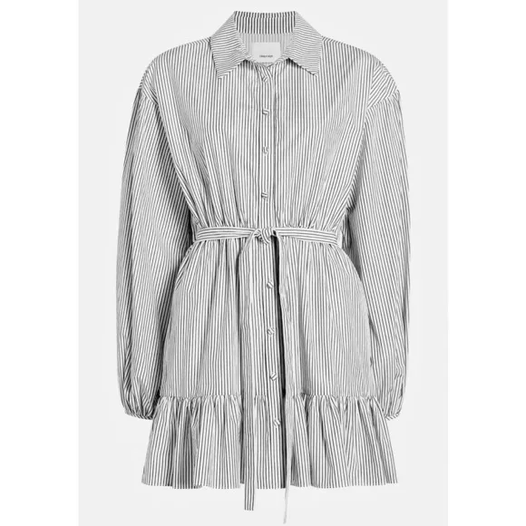 NWT CINQ A SEPT Shirt Dress Puff Long Sleeve Tie Waist Pin Stripe Ruffle Hem 10