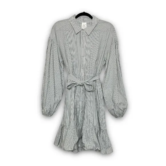 NWT CINQ A SEPT Shirt Dress Puff Long Sleeve Tie Waist Pin Stripe Ruffle Hem 10