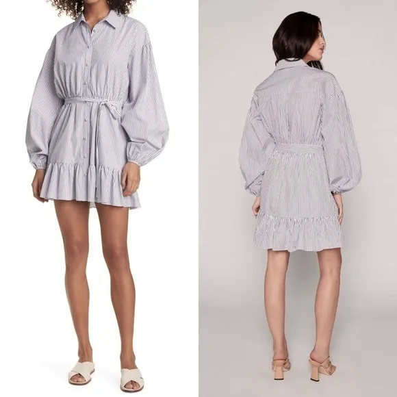 NWT CINQ A SEPT Shirt Dress Puff Long Sleeve Tie Waist Pin Stripe Ruffle Hem 10