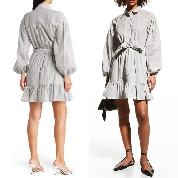 NWT CINQ A SEPT Shirt Dress Puff Long Sleeve Tie Waist Pin Stripe Ruffle Hem 10