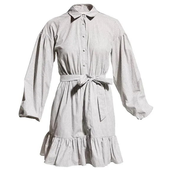NWT CINQ A SEPT Shirt Dress Puff Long Sleeve Tie Waist Pin Stripe Ruffle Hem 10