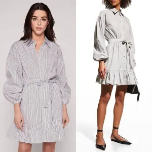NWT CINQ A SEPT Shirt Dress Puff Long Sleeve Tie Waist Pin Stripe Ruffle Hem 10