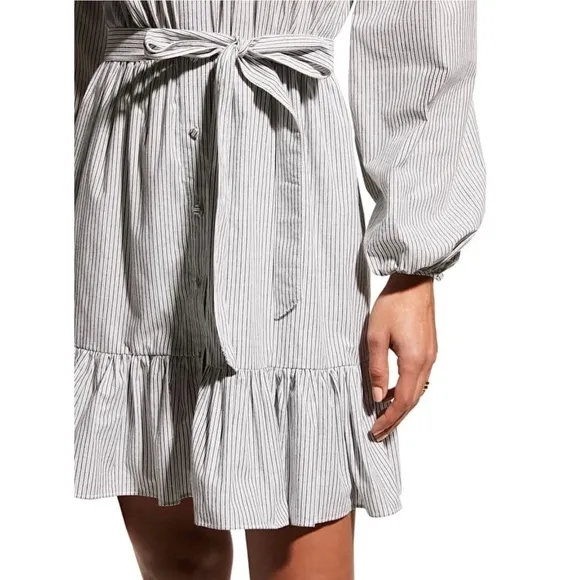 NWT CINQ A SEPT Shirt Dress Puff Long Sleeve Tie Waist Pin Stripe Ruffle Hem 10