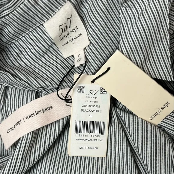 NWT CINQ A SEPT Shirt Dress Puff Long Sleeve Tie Waist Pin Stripe Ruffle Hem 10