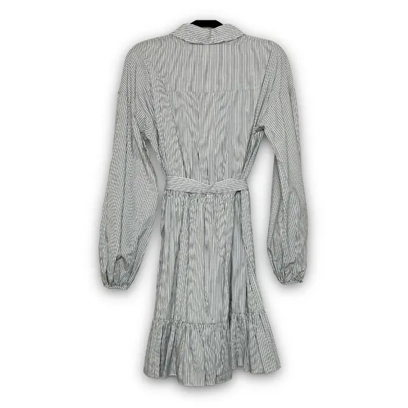 NWT CINQ A SEPT Shirt Dress Puff Long Sleeve Tie Waist Pin Stripe Ruffle Hem 10