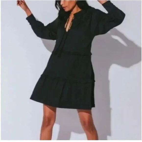 NWT Cleobella Black Briar Mini Dress Long Sleeve Jacquard V neck Cotton S
