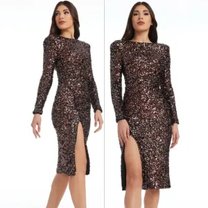 NWT Dress The Population Natalie Long Sleeve Iridescent Sequin Midi Dress Size S