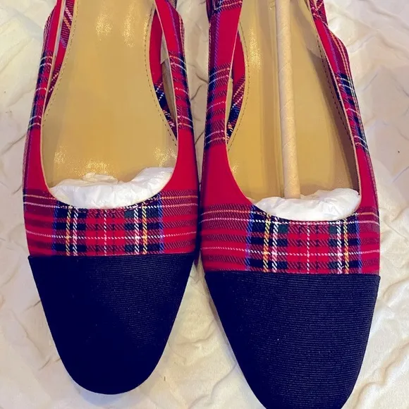 NWT J. Crew Factory Women's Red Plaid Slingback Shoes Size 8